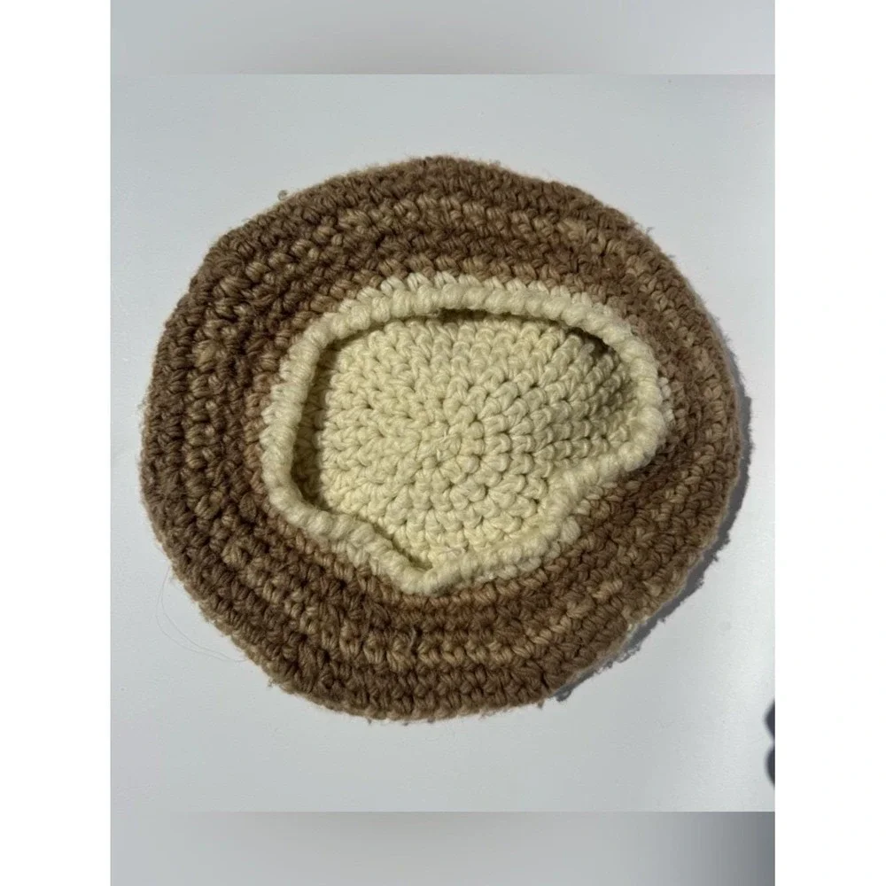 Beret Vintage 1970s Handmade Chunky Knit Pom Pom Cream Taupe Wool Soul